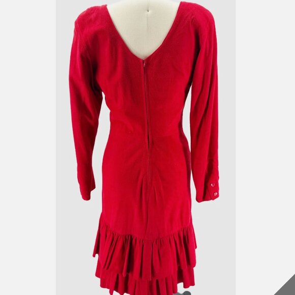 VAKKO Vtg 80s Red Suede Drop Waist Ruffle LSV Dress 6 Cowgirl Western Boho - Picture 4 of 11